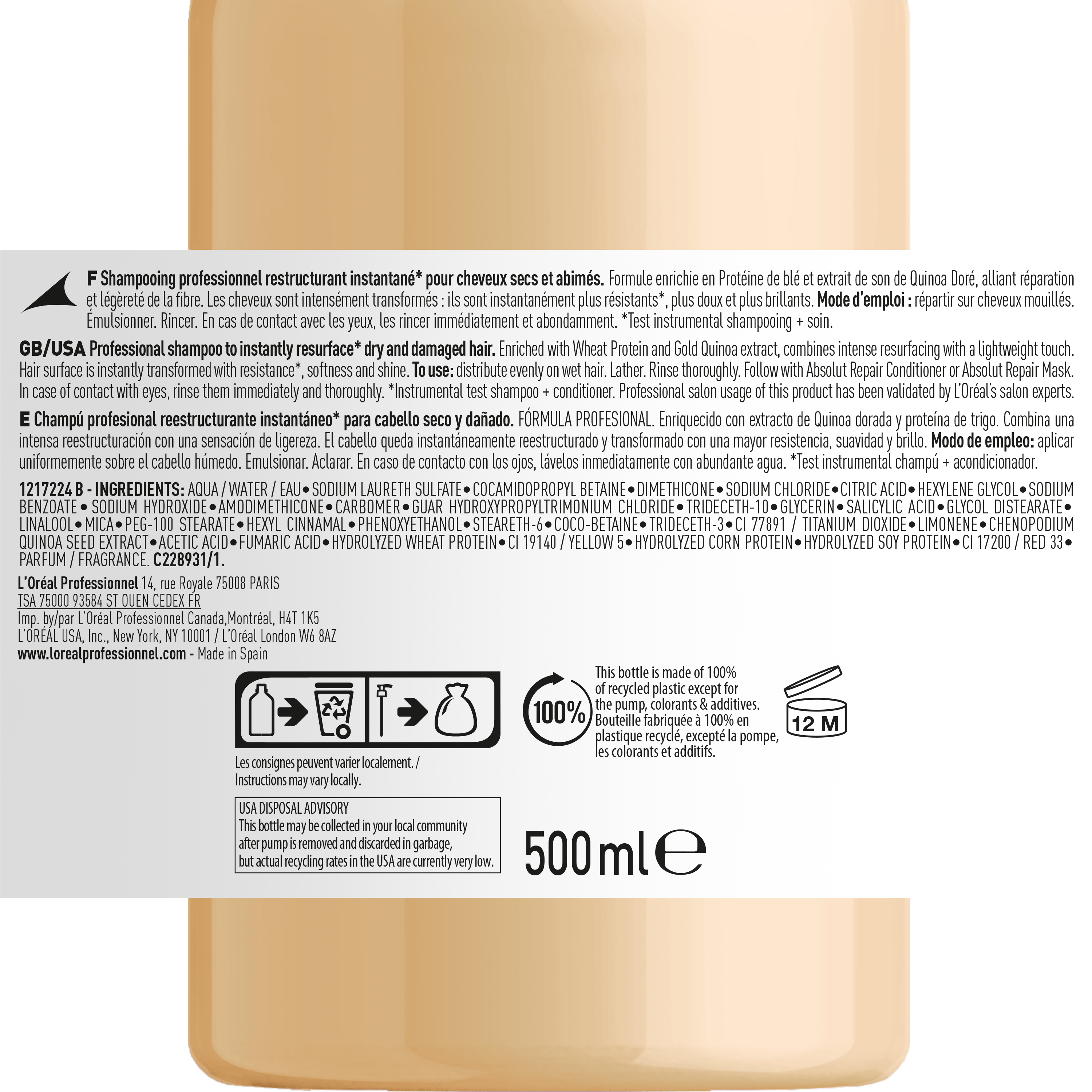 L'Oréal Professionnel Shampoo Champú Absolut Repair Gold 1500ml Roberta Beauty Club Tienda Online Productos de Peluqueria